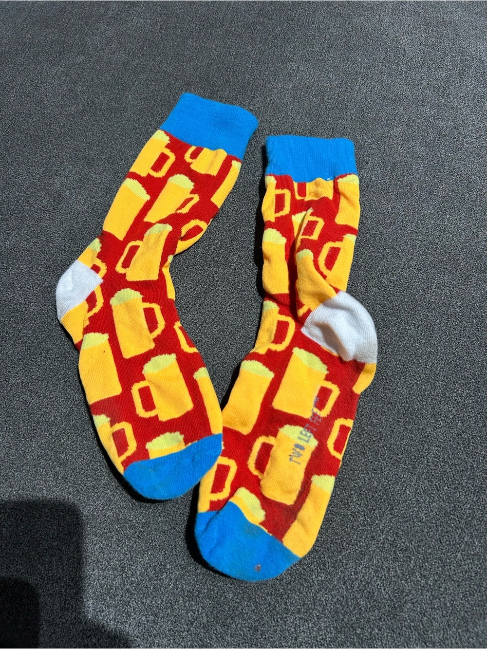 Bright Beer Mug Pattern Crew Socks - Yellow & Red- worn once- women’s 5-10
